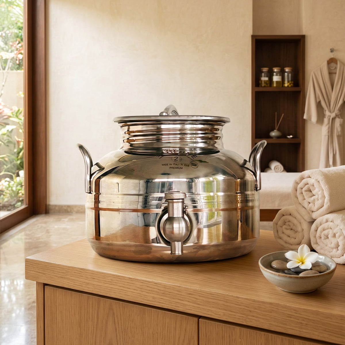 A large stainless steel water jug with a lid and side handles sits on a wooden counter in a spa-like bathroom setting with rolled towels and a small bowl nearby.