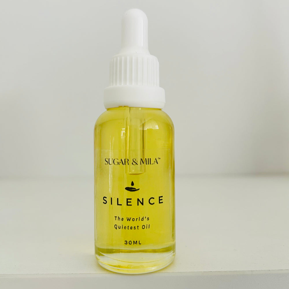 Bottle of 'Silence' oil by Sugar & Mila on a white background