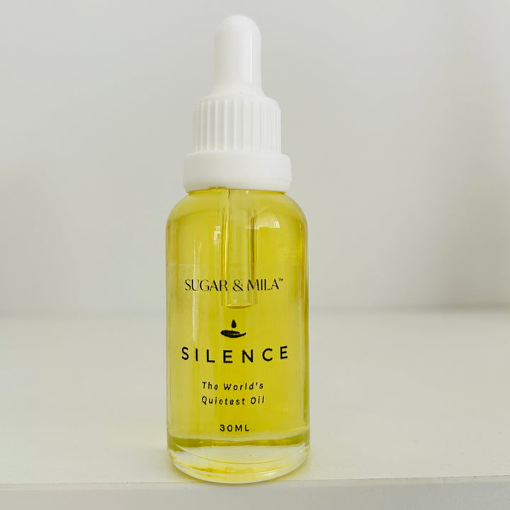 Bottle of 'Silence' oil by Sugar & Mila on a white background