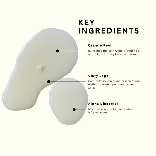 An informational graphic with the heading 'KEY INGREDIENTS' on a light cream background, showing two white cream swatches labeled Orange Peel, Clary Sage, and Alpha Bisabolol with short callout lines and text describing each ingredient's benefits.